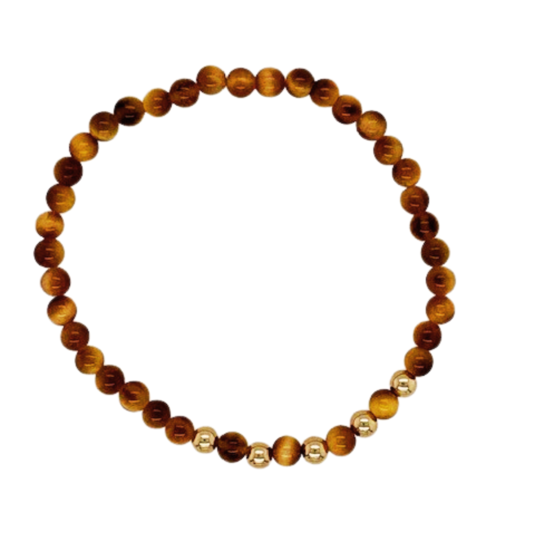 Tiger's Eye 4mm hand beaded bracelet with gold fill balls.