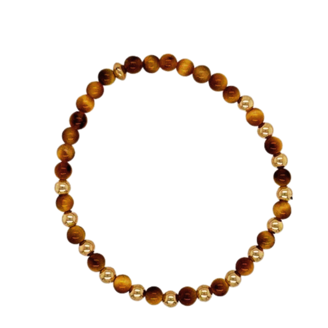 Tiger's Eye 4mm hand beaded bracelet with gold fill balls.
