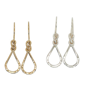 Infinity knot earrings in sterling silver or gold.