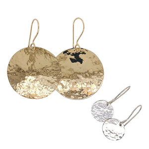 Hammered disc earrings in 14 kt gold and sterling silver.